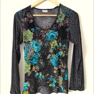 July Five Black Velvet Floral Burnout Long Sleeve Top Womens Size M Fairy Whimsy